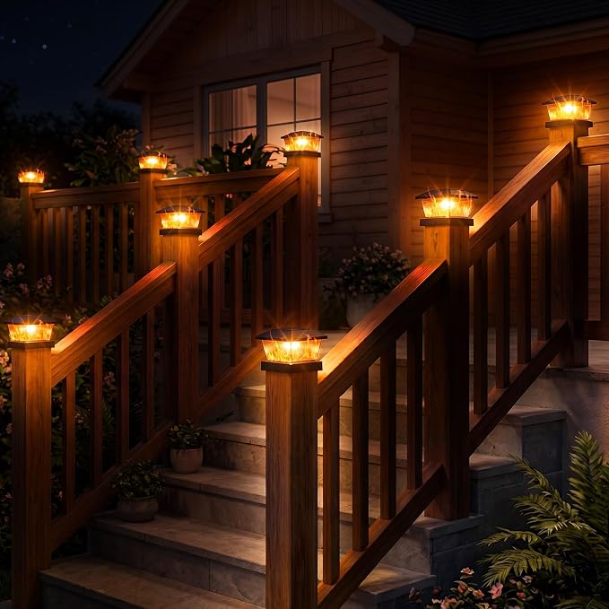 btfarm 4x4 Solar Flame Post Cap Lights Outdoor, 6 Pack Flickering Flame Fence Deck Post Lights, Waterproof Solar Powered Lighting Outside Fit 4x4 3.5x3.5 Wooden/Vinyl for Porch Patio Garden, Black Cap