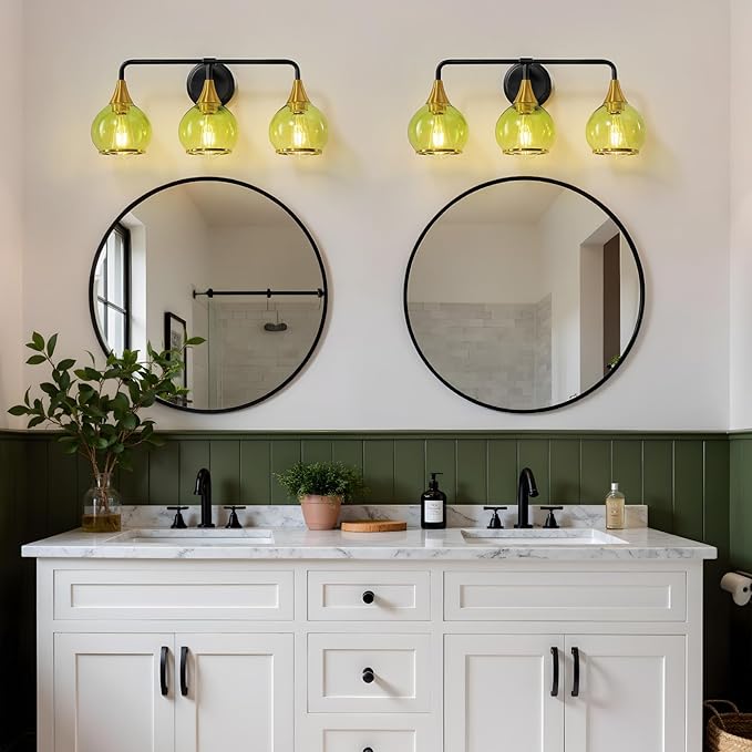 Black and Gold Bathroom Vanity Light 3-Lights Bathroom Light Fixtures Over Mirror with Green Clear Glass Shade 22.4 inch Wall Sconce Lighting Bath(Exclude E26 Bulb)