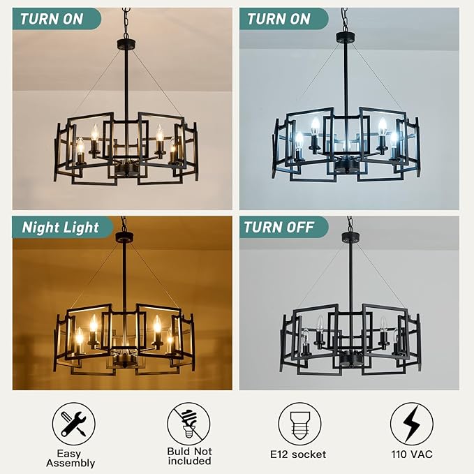 ZGLAOJT Modern Chandelier Black Geometric Pendant Lighting Fixture 5-Light Metal Farmhouse Chandelier for Dining Room Living Room entryway Kitchen Bedroom Island