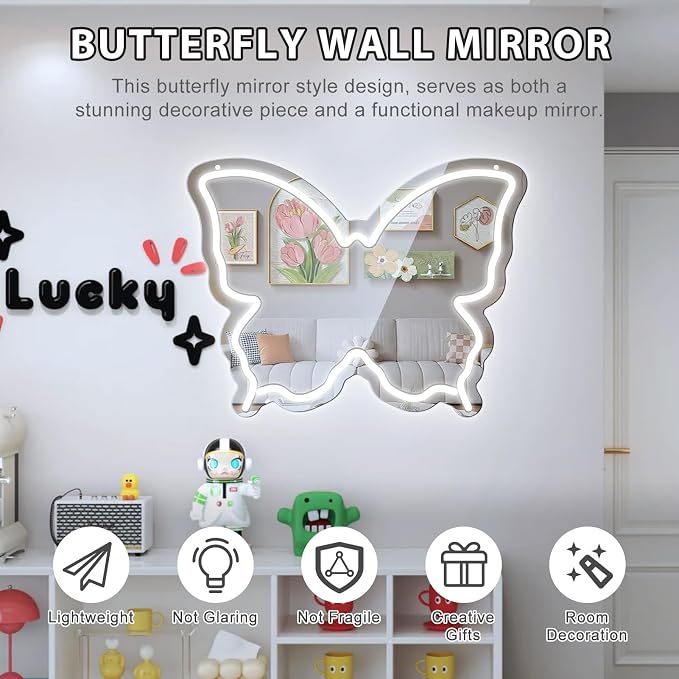 Butterfly Neon Sign Mirror, LED Neon Sign for Wall Decor, 15.7'' x 12'' Dimmable Neon Light for Teen Girls & Kids Birthday Gift, Neon Signs for Room Decor, Wall Mirror, USB Powered (Daylight White)