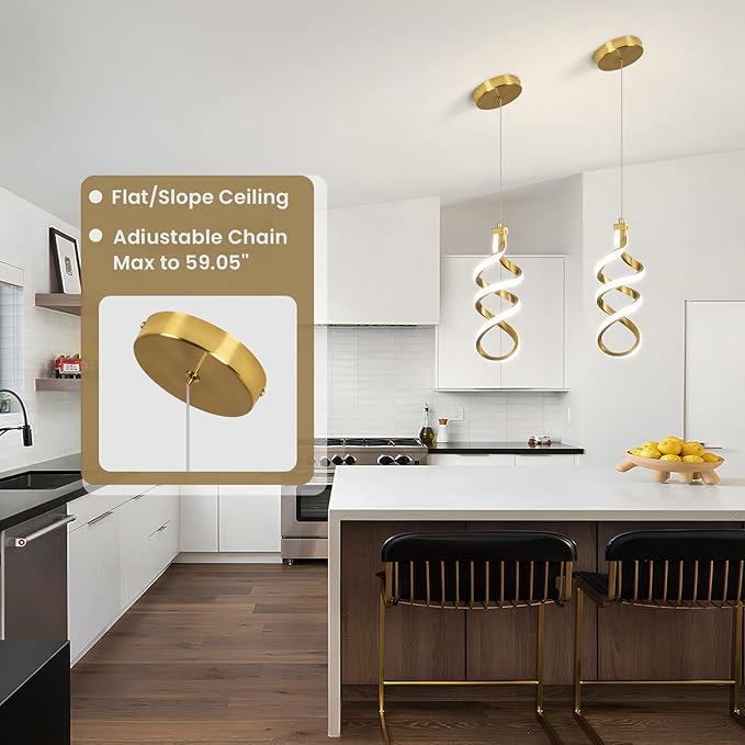 3 Packs Pendant Light, 15W Spiral Led Pendant Light, 4500K Modern Pendant Lights Kitchen Island, Adjustable Height Pendant Light for Dining Room Bedroom Kitchen Island Cafe