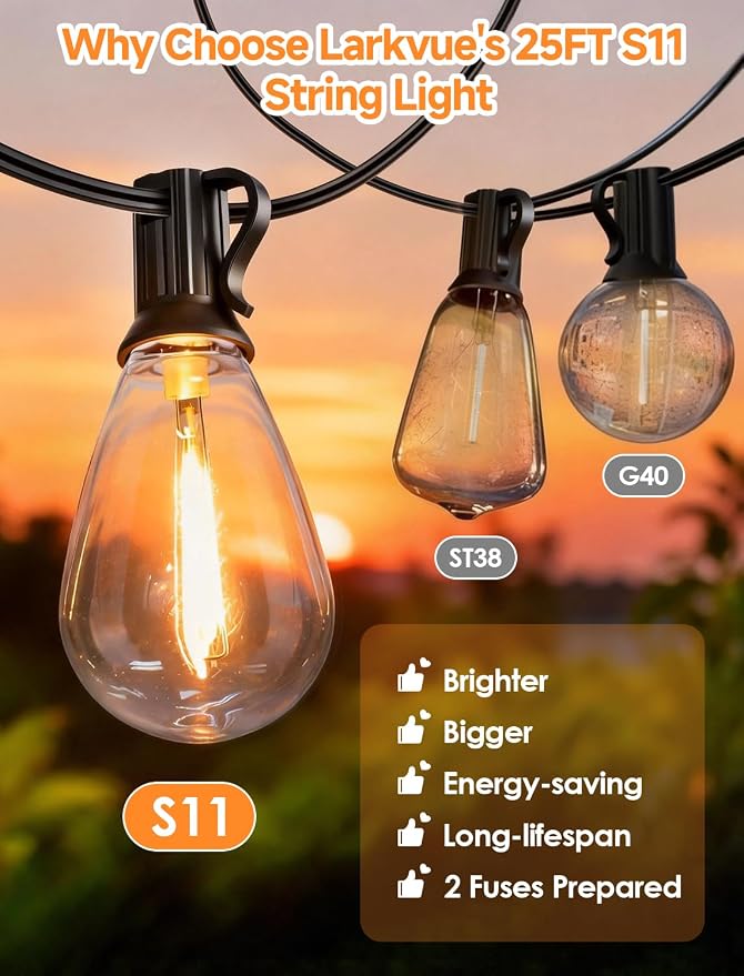 50FT(2X25FT) LED Outdoor String Lights, 22 Edison S11 Bulbs, Black | Plug in, Dimmer not included, Dimmable, Waterproof, Shatterproof, Connectable Hanging Lights for Garden Umbrella Decor
