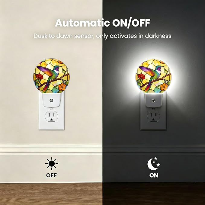 Decorative Night Lights Stained Glass Hummingbird Plug-in Nightlight | Retro Vintage Night Lights Plug into Wall LED Lamp Dusk-to-Dawn Auto Sensor for Bedroom Kitchen Toilet Hallway, Energy Saving