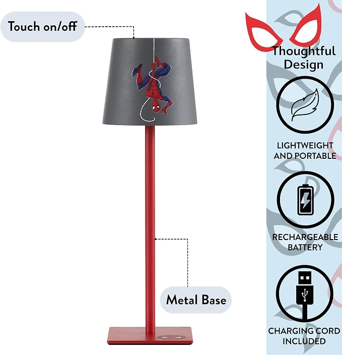 Marvel Spiderman Kids Touch Night Light Lamp, Rechargeable Battery Operated Bedroom Table Lamp with Touch On/Off, Portable LED Desk Light with Charging Cord for Nursery & Children’s Room