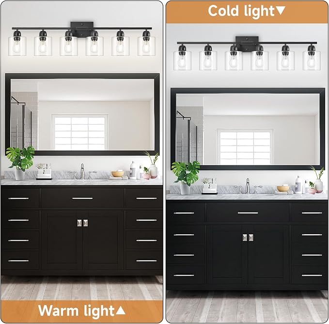 Black 6-Light Bath Vanity Lights for Mirror, Restroom Lights Fixtures with with Clear Glass Shades,Bathroom Over Sink Light Fixtures, Bathroom Light Fixtures Over Mirror