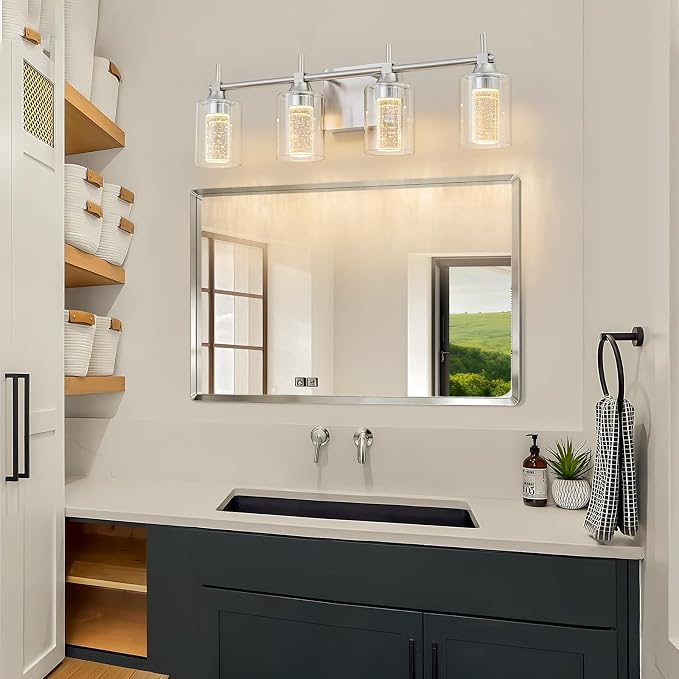 Vanity Light with 3 Color Modes (3000K/4000K/6000K), Eye Protection LED Bathroom Light Fixture, Dimmable Modern Wall Light Over Mirror with Clear Glass Shade (Brushed Nickel, 4-Light)