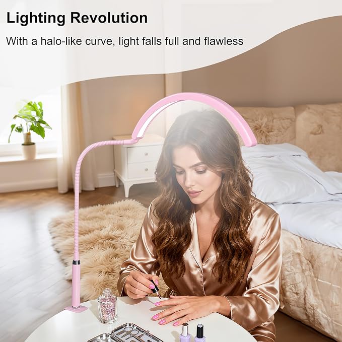 Professional Half Moon LED Desk Light for Nail Techs & Artists – Flexible Gooseneck Lamp with Clamp, 3 Color Modes & 5 Brightness Levels for Manicure, Tattoo, Beauty Work