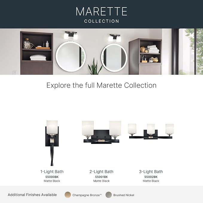 Kichler Marette 3-Light Bathroom Vanity Light, Black | Modern transitional vanity light with satin etched cased opal glass (22.75" x 8"), 55002BK