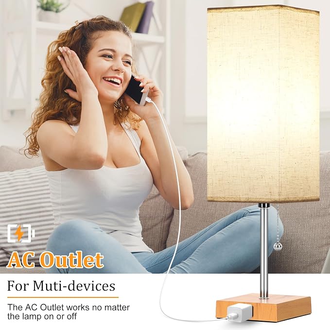 18'' Table Lamp for Bedroom set of 2,3-Color Bedside Lamps with Pull Chain | Table Lamps for Nightstand with AC Outlets,Night Light Lamps with 2 Bulbs Lamps for Living Room Kids Room Office Decor（Wood）