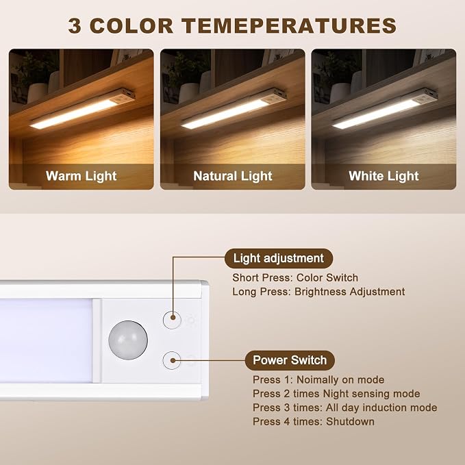 12 Inch Under Cabinet Light , USB Rechargeable Dimmable Motion Sensor LED | Clip-On Adhesive Wireless Mount, Tool-Free Install for Kitchen, Pantry, Wardrobe, Counter, Hallway, Stairs