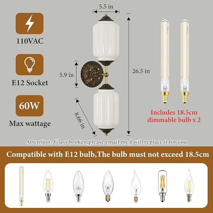 Vintage Milk Glass Bathroom Wall Sconce - Mid Century Dimmable Vanity Light | 25 in,Vertical or Horizontal Mounted,Antique Brass Gold Lighting Fixture for Bedroom Hallway Decor,E12 Bulb×2 Included