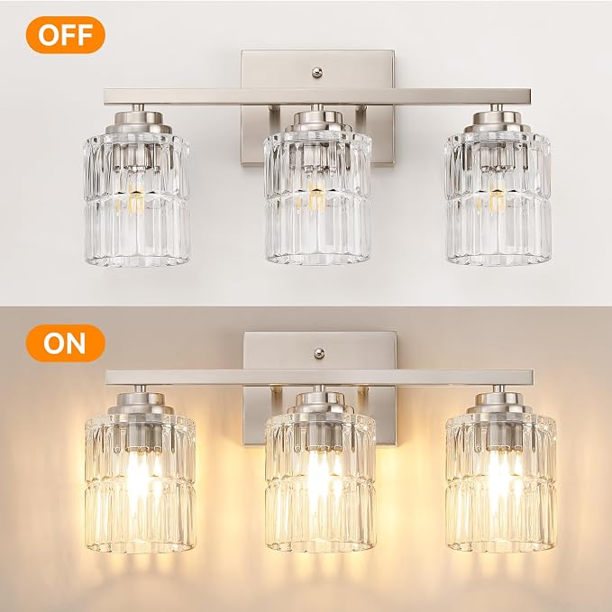 TALOYA Nickel 3Light Bathroom Vanity Light with Fluted Cylinder Glass Shade | Modern Vanity Lighting Fixtures, Bathroom Lights Over Mirror, Wall Mount Mirror Light Fixtures for Bathroom Hallway Bedroom