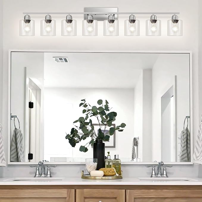 Modern Brushed Nickel 8 Light Bathroom Light Fixtures,52 inch Vanity Lights for Bathroom with Clear Glass, Bathroom Light Fixture for Mirror Kitchen Living Room Hallway Cabinet Porch