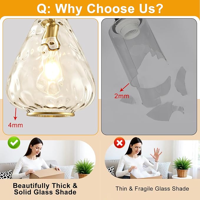 Modern Pendant Lights Kitchen Island, 1 Pack Brushed Gold Pendant Light Fixtures with 8.5" Clear Hammered Glass Shade, Industrial Hanging Pendant Lights Fixture for Kitchen Island Dining Room Entryway