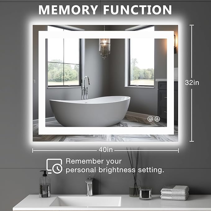 DUMOS 32"x40" Smart Anti-Fog LED Bathroom Mirror with 3 Color Temperatures, Dimmable, Memory Function, Rectangle Modern Vanity Mirror