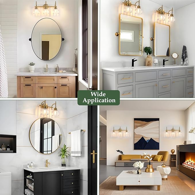 3 Light Vintage Vanity Light,Gold Brass Bathroom Light Fixture with Flower Clear Glass Shades,Bathroom Wall Light Over Mirror,E26 Base,Bulbs NOT Included