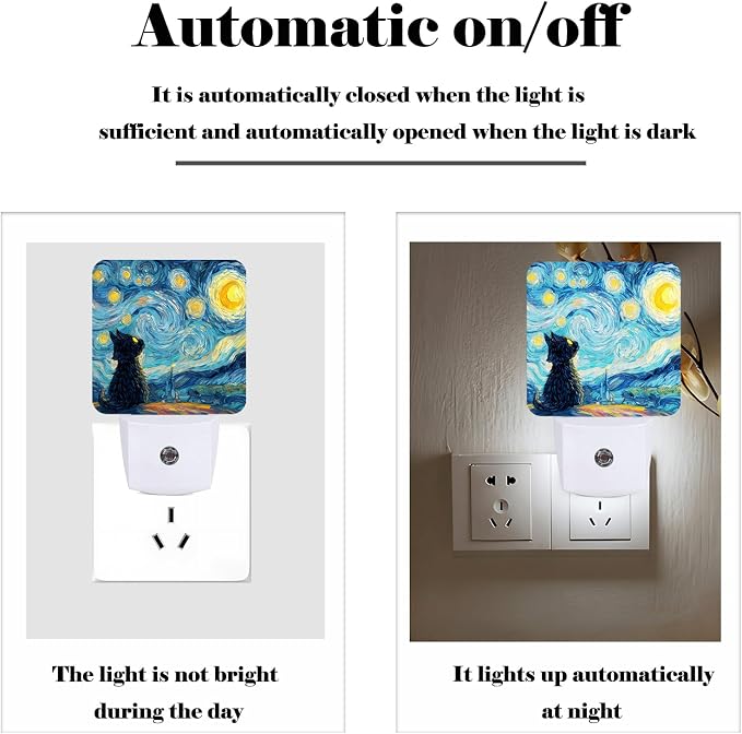 Starry Night Cat Night Light,Plug-in Nightlights Auto Sensor Night Lamp Dusk-to-Dawn Lamp Home Decor for Nursery Children Girls Boys
