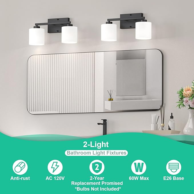 Honesorn Modern Vanity Lights - 2 Light Black Bathroom Light Fixtures with Frosted Shade, E26 Wall Mounted, Anti-Rust