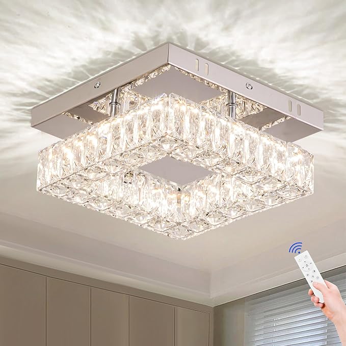 Dimmable Crystal Chandelier LED Ceiling Light with Remote Flush Mount Small Chandelier for Hallway Foyer Kitchen Stair Closet,3 Colors Adjustable