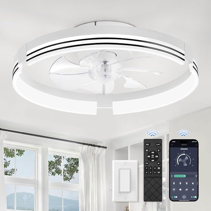 ZMISHIBO Low Profile Ceiling Fans with Lights and Remote, 20 “ White | 3000K-6000K Dimmable Fandelier LED, Flush Mount, 6 Wind Speeds, Reversible, Timer, Bedroom, Living Room, Kitchen, Kids Room