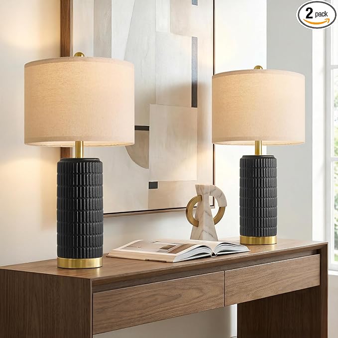 PoKat 25'' Black Ceramic Table Lamps Set of 2 with Gold Base for Bedroom Living Room, Farmhouse Matte-Textured Bedside Lamps for Nightstand Sideboard End Table with Stone-Like Design (Matte Black)