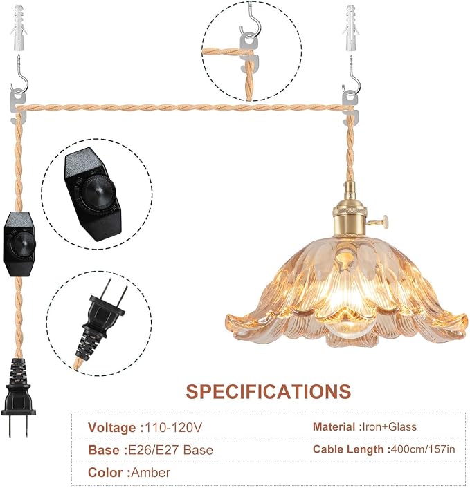 Plug in Pendant Light Fixtures,Hanging Light Fixture Flower Amber Glass Pendant Light 11 inch E26 Pendant Lighting for Kitchen Island, Bedroom, Dining Room, Living Room