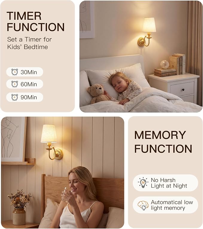Wireless Wall Sconces Set of Two 14"H, 5300mAh Battery Operated Wall Sconce, Rechargeable Bulbs with Remote, 15 Colors Dimmable Wall Sconces with Fabric Shade for Bedroom Living Room(Brushed Gold)
