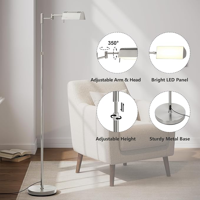 SUNMORY Dimmable LED Pharmacy Floor Lamps, 16W/1500LM Bright Reading Lamp | Remote Touch Control, 350°Swing Arm, Adjustable Height, Task Craft Tall Standing Light for Living Room Bedroom Office, Nickel
