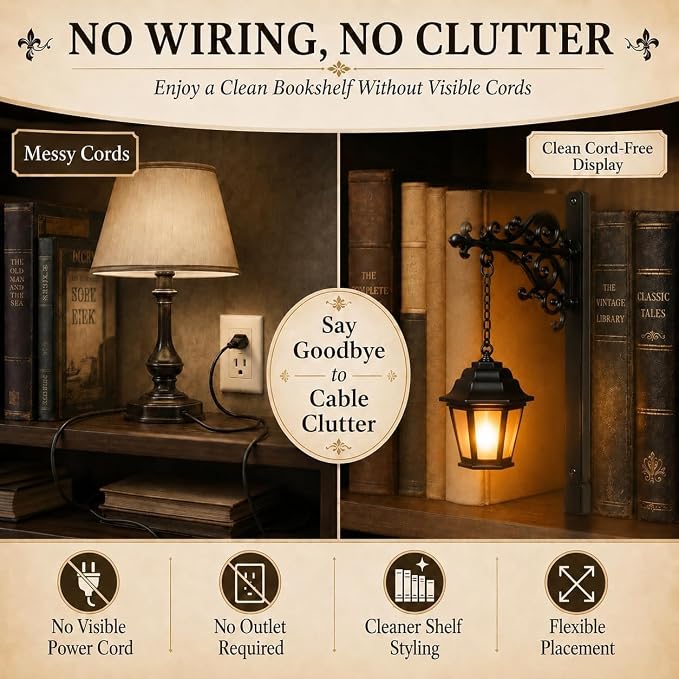 Library Lantern Bookshelf Lamp, Decorative Bookshelf Light with Warm LED Nightlight, Mini Nook Light for Bookshelf, Portable Table Desk Luminaire, Hanging Bookshelf Decor for Book Lovers