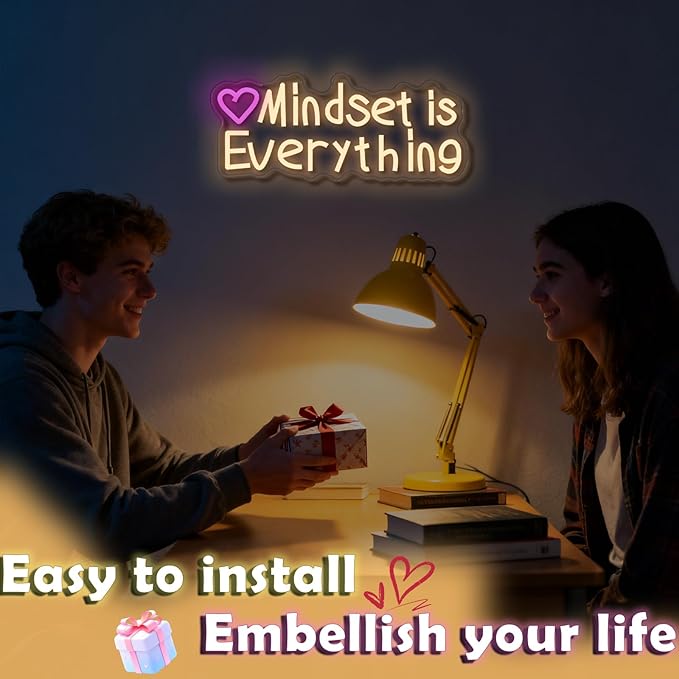 Mindset is Everything neon sign, suitable for classroom wall decoration, back-to-school season, graduation season, student gifts. Dimmable, USB powered, pink heart-shaped inspirational neon light.