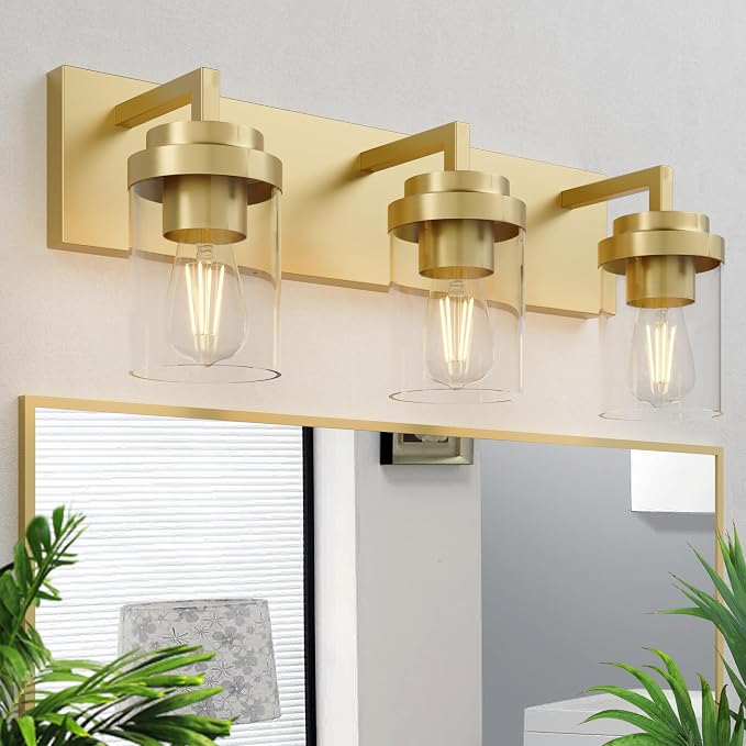 Bathroom Lighting Fixtures, 3-Light Bathroom Vanity Lights Over Mirror, Brass Vanity Light with Glass Shade, Modern Vanity Lighting Fixtures for Bedroom, Hallway