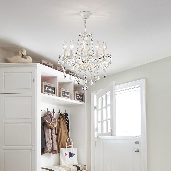 ANJIADENGSHI Small Crystal Chandelier, Modern White Chandelier Dining Room Light Fixture, Mini Crystal Pendant Light for Bedroom Ceiling Light Fixture for Living Room Entryway Kitchen Island Hallway