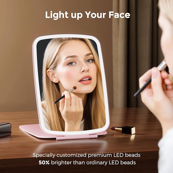 10" x 7" Large Travel Mirror with Lights, Rechargeable Portable Lighted Makeup Mirror, 3 Lighting Modes, 2000mAh Battery & Magnetic Closure (Pink)