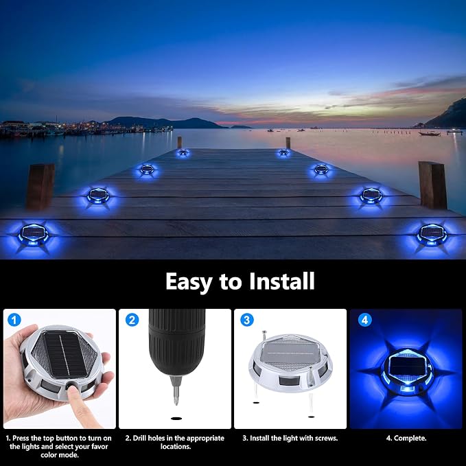 Solar Deck Light Outdoor, 6 Pack 9 Colors in 1 Solar Driveway Dock Lights, IP67 Waterproof Solar Powered Outdoor Light, RGB Step Lights for Outside Garden Yard Fence Stair Sidewalk Pathway Walkway