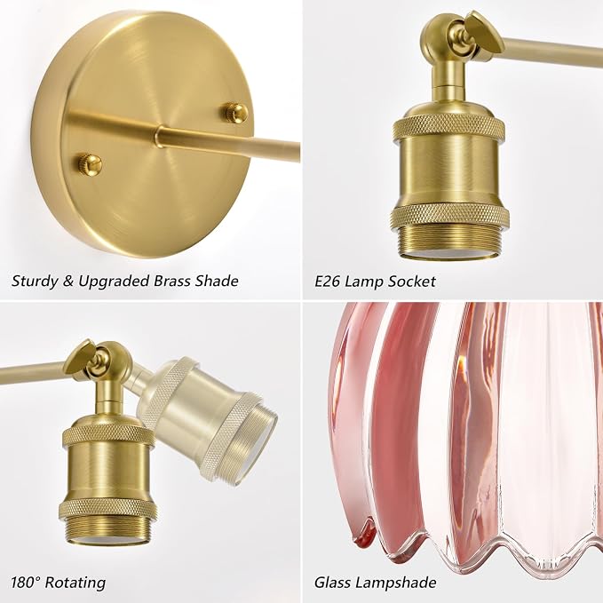 Vintage Battery Operated Wall Sconce, Pink Tulip Glass Lampshade Wireless Rechargeable Battery Powered LED Wall Light with Remote Dimmable for Bedside Bedroom Doorway Living Room, Set of 2