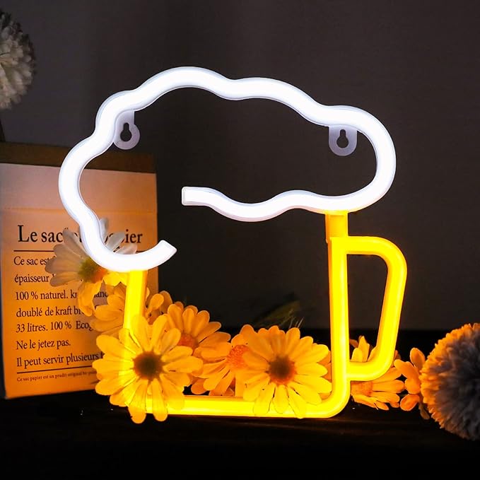 ENUOLI Neon Beer Lights,Battery/USB Operated Night Lights,Yellow White Neon Signs for Wall Decor,LED Beer Signs for Man Cave,Bedroom,Bar,Nightclub,Holiday Celebration Party Decor(8.6''x8.6'')