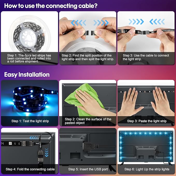 RGB LED Strip Lights 10ft/6 Pre-cut 1.64ft for 43-65 Inch TV Backlight | Color Changing Strip Light Music Sync, Remote,App Control,USB Powered Bias LED Lighting for Gaming Bedroom PC Monitor Cabinet