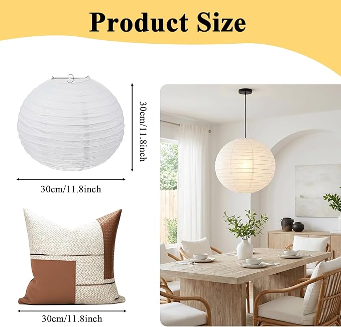 White Round Paper Lantern Lampshade, 12"x12'' Chinese Japanese Round Hanging Paper Lantern, Small Papers Lanterns Pendant Light Shade for Wedding, Restaurant, Church, Birthday Party, Home Decor
