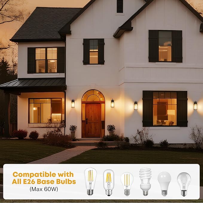 Porch Light with Outlet GFCI Dusk to Dawn Outdoor Lights for House Waterproof Exterior Lighting Fixtures Wood Look Glass Modern Front Porch Garage