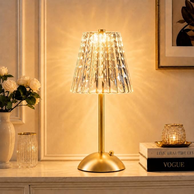 Cordless Gold Table Lamp Rechargeable Touch Desk Lamp with 3 Color Temps | Small Dimmable Table Lamp With Crystal - Battery Operated Nightstand Lamp for Bedroom/Dining Table/Restaurant/Kitchen/Bar