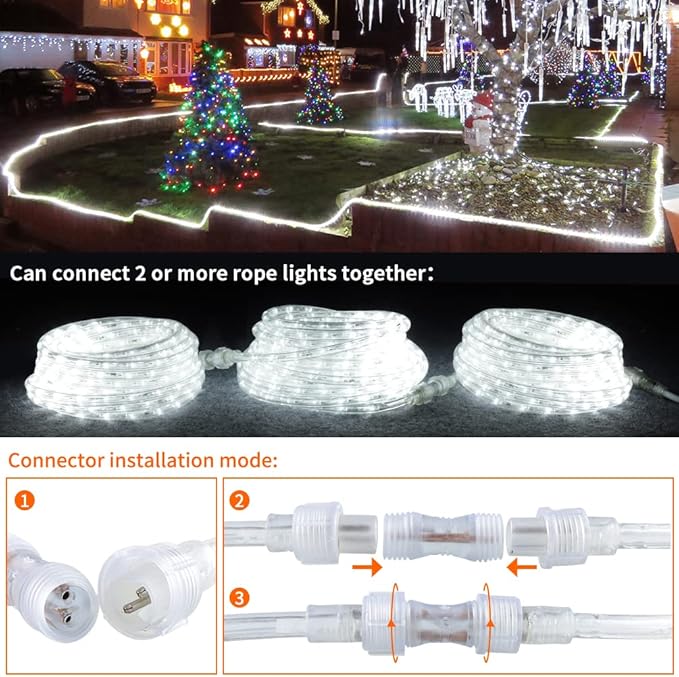 80ft LED Rope Lights, Dimmable 864 LEDs IP65 Waterproof Outdoor Indoor Linkable Cuttable Rope Light, 110V 6000K Daylight White Christmas Rope Light for Patio Garden Corridor Home Party Decor