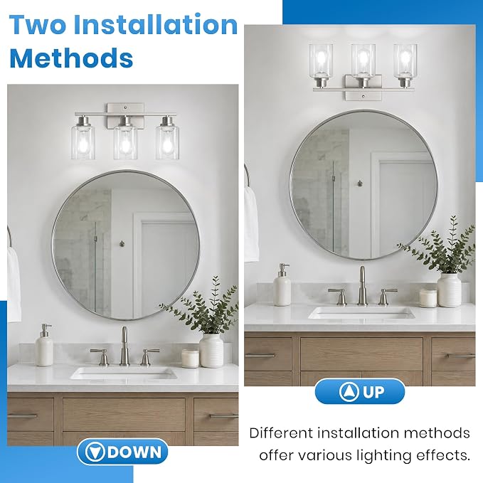 Ascher 3 Light Bathroom Light Fixture, Brushed Nickel Bathroom Lighting Fixtures Over Mirror, Vanity Light with Clear Glass Shade, Wall Sconce for Living Room Bedroom Cabinet, E26 Base