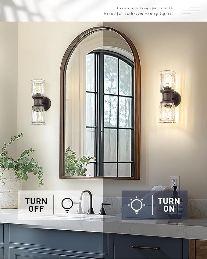 Rustic Wall Sconces, HWH Farmhouse Sconce Wall Lighting in Oil-Rubbed Bronze Finish, 2-Light Indoor Up Down Wall Light for Bathroom, Bell-Shaped Clear Glass, 5HZG106B-2W ORB