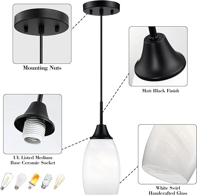 Viinew Mini Glass Pendant Light,3-Pack White Oval Glass Hanging Light | Handblown White Oval Glass Lamp Ceiling,Art Glass Hanging Light,4.72" Small Chandelier for Dining Room Kitchen