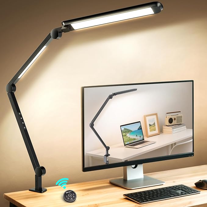 LED Desk Lamp with Clamp, Adjustable Dual Light & Remote Control, Puzzle Light for Table No Glare, 4 Color Modes with Wireless Remote for Home Office & Study