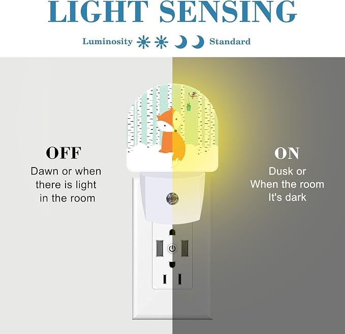 Cute Fox and Bird Night Light for Kids, LED Night Light Plug into Wall with Dusk to Dawn Sensor for Girls Boys Women Men Room Decor, Hallway, Kitchen, Bathroom, Nursery, Stairs