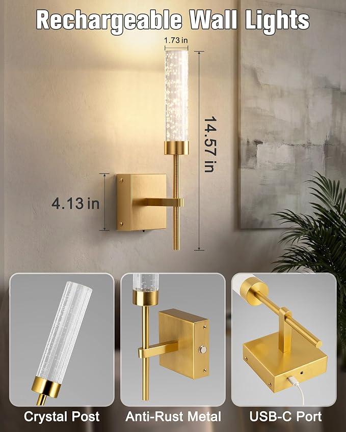 Crystal-Inspired Bubble Wireless Wall Sconces, 10000mAh Battery Operated Wall Sconces Set of 2, 3 Color Temps Rechargeable Wall Lights with Remote, Dimmable Wall Lamp for Living Room Bedroom