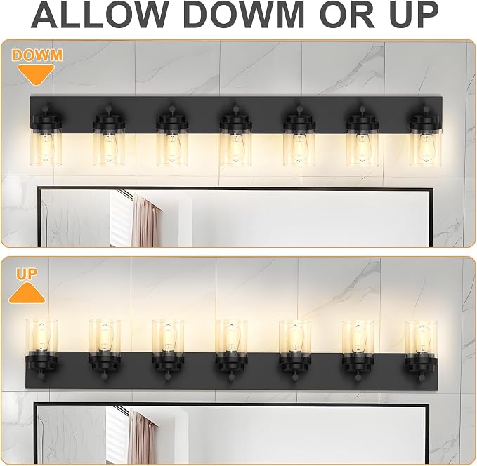 IZORRO Bathroom Vanity Light Fixture, 7-Light 52 inch Matte Black Bathroom Light Fixtures Over Mirror, with Clear Glass Shade, Modern Farmhouse Vanity Lights, Rustic Restroom Lighting Fixtures