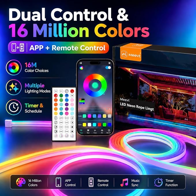 Neon Rope Light 50FT, Flexible RGB Neon LED Strip, IP65 Waterproof | Control with App/Remote, Multi Modes, Music Sync LED Rope Lights for Bedroom, Game room, Party, Patio, Indoor Outdoor Decor