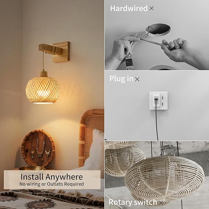 Bamboo Battery Operated Wall Sconces Set of 2, Rechargeable Rattan Cordless Battery Powered Wall Lights/Lamps with Remote, Woven Boho Wireless Decor Lighting Fixture for Living Room Bedroom